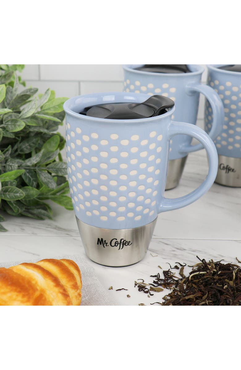 Mr. Coffee Coupleton Dot 4 Piece 15 Ounce Stoneware and Stainless Steel Travel Mug Set with Lid, Alternate, color, Blue