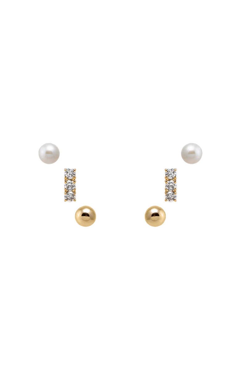 BY ADINA EDEN Diamond Bar, Pearls, & Ball Stud Earring Combo Set 14K, Main, color, 14K Gold