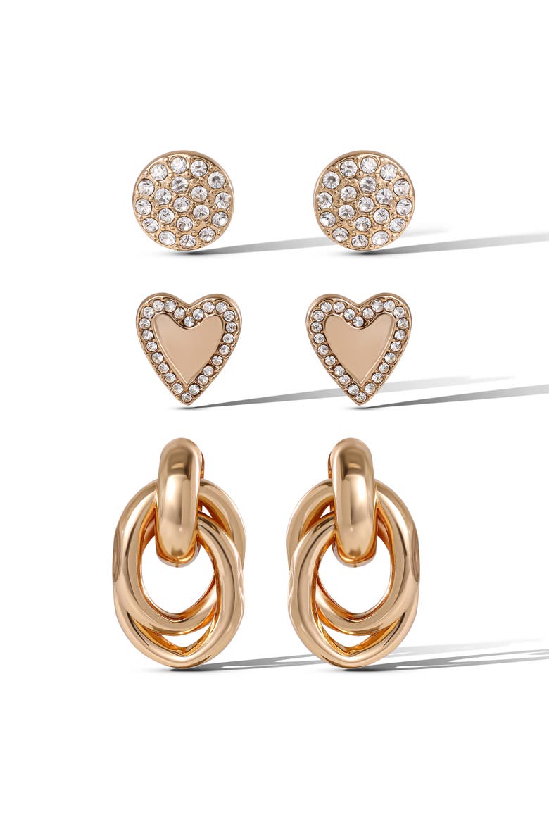 Crystal & Heart Stud Earring Set, Main, color, Gold