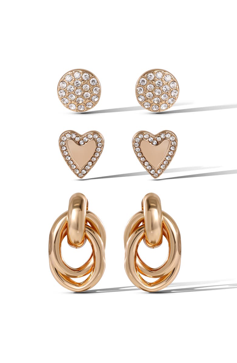 Jessica Simpson Crystal & Heart Stud Earring Set, Main, color, Gold