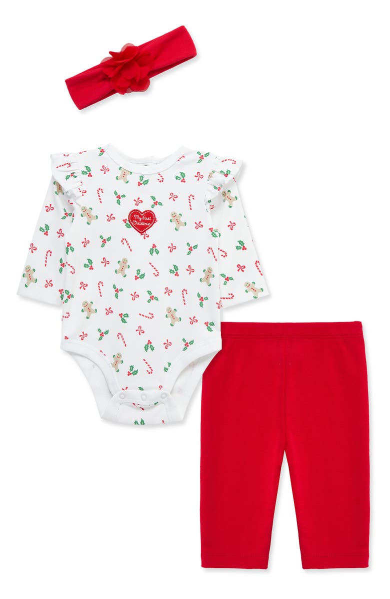 Little Me My First Christmas Holiday Bodysuit, Leggings & Headband Set, Main, color, Red