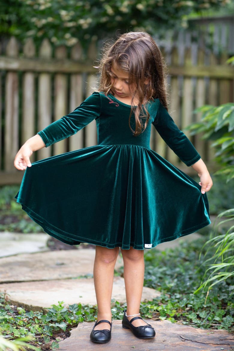 Embroidered Velvet Holiday Twirly Dress, Alternate, color, Emerald Green
