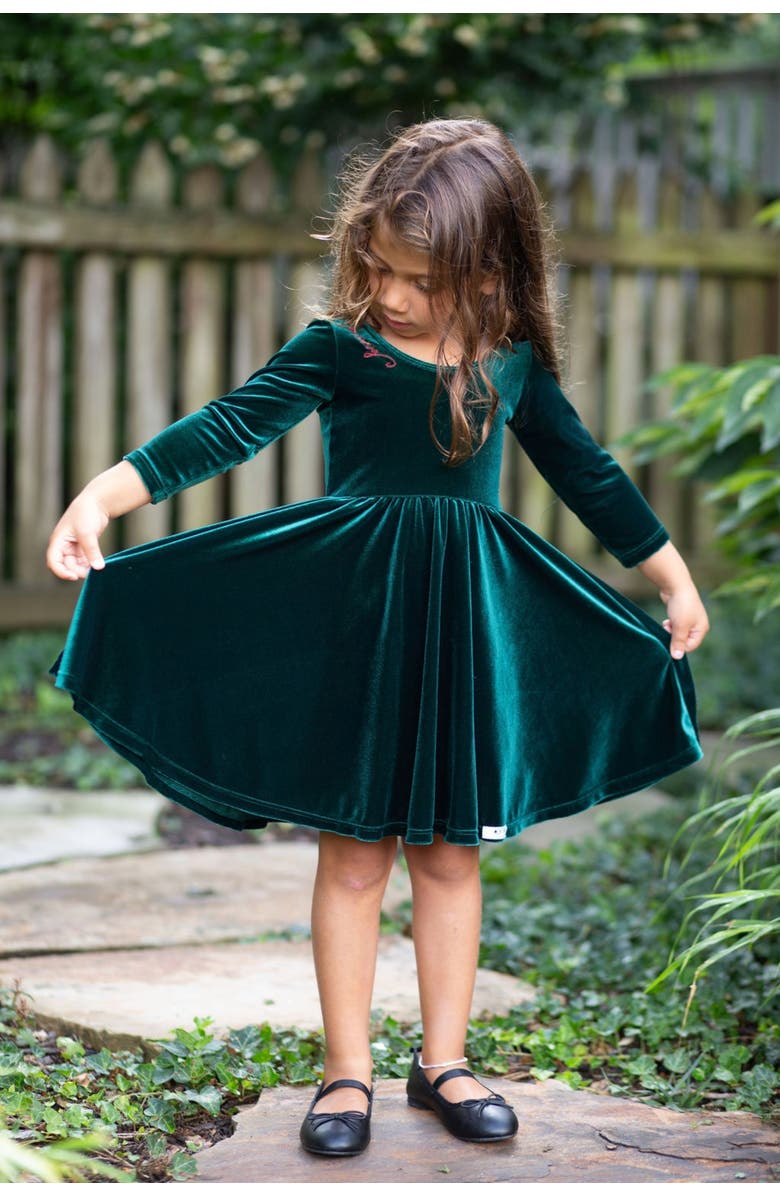 WORTHY THREADS Embroidered Velvet Holiday Twirly Dress, Alternate, color, Emerald Green