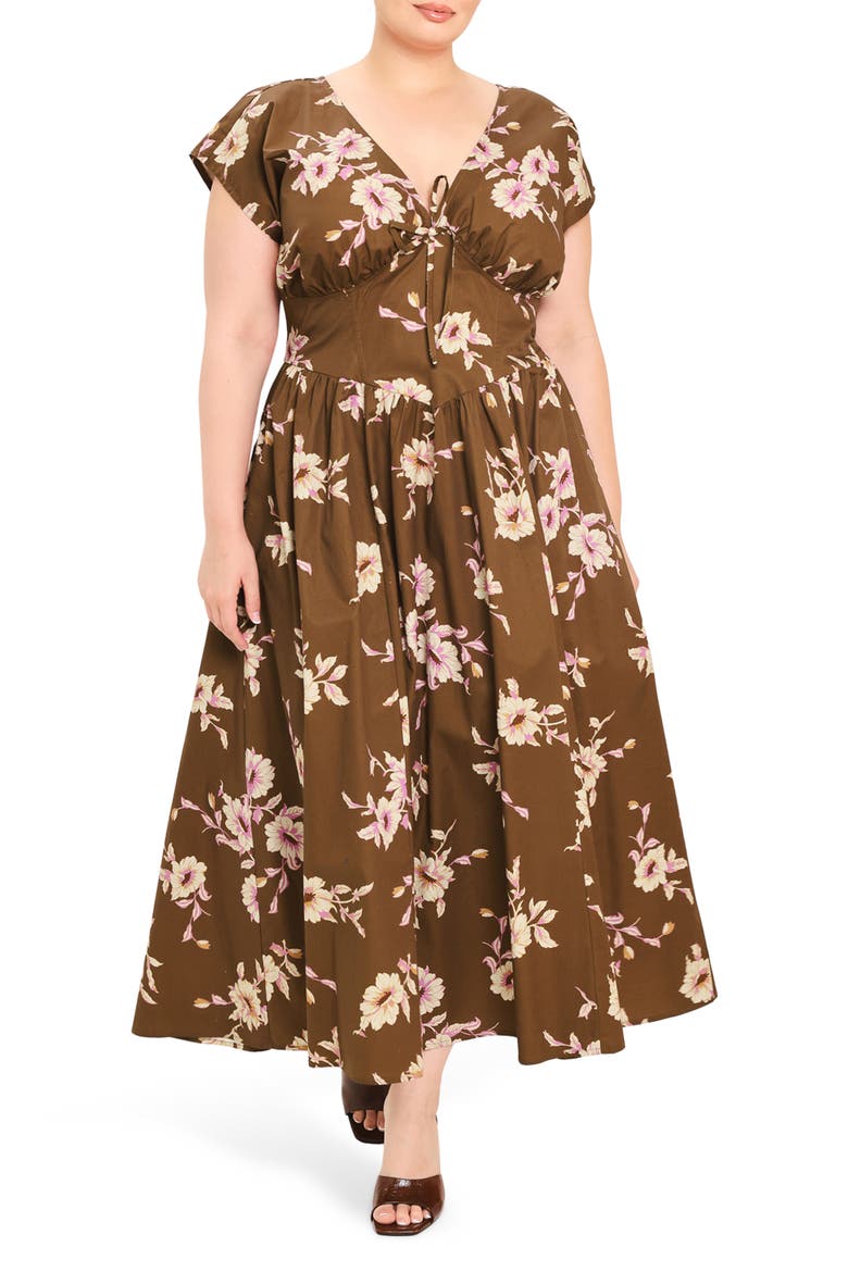 Floral V-Neck Midi Dress, Alternate, color, BROWN FLORAL