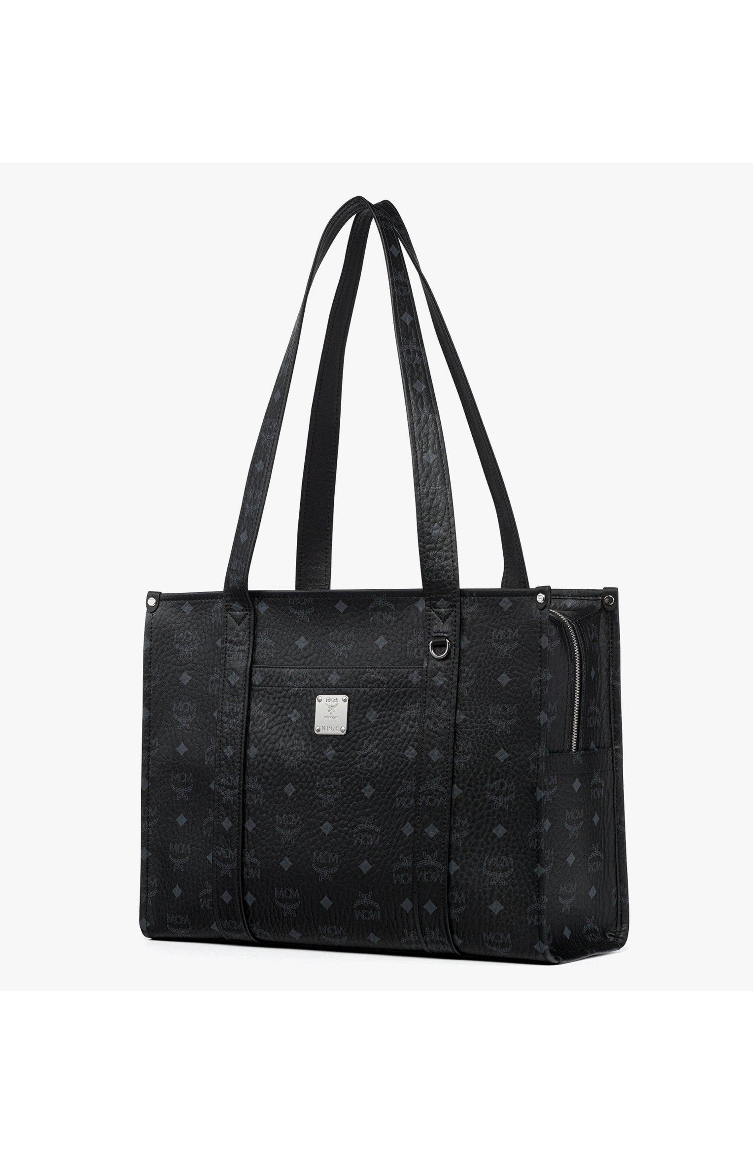MCM Small Aren School Bag Tote in Visetos, Alternate, color, Black
