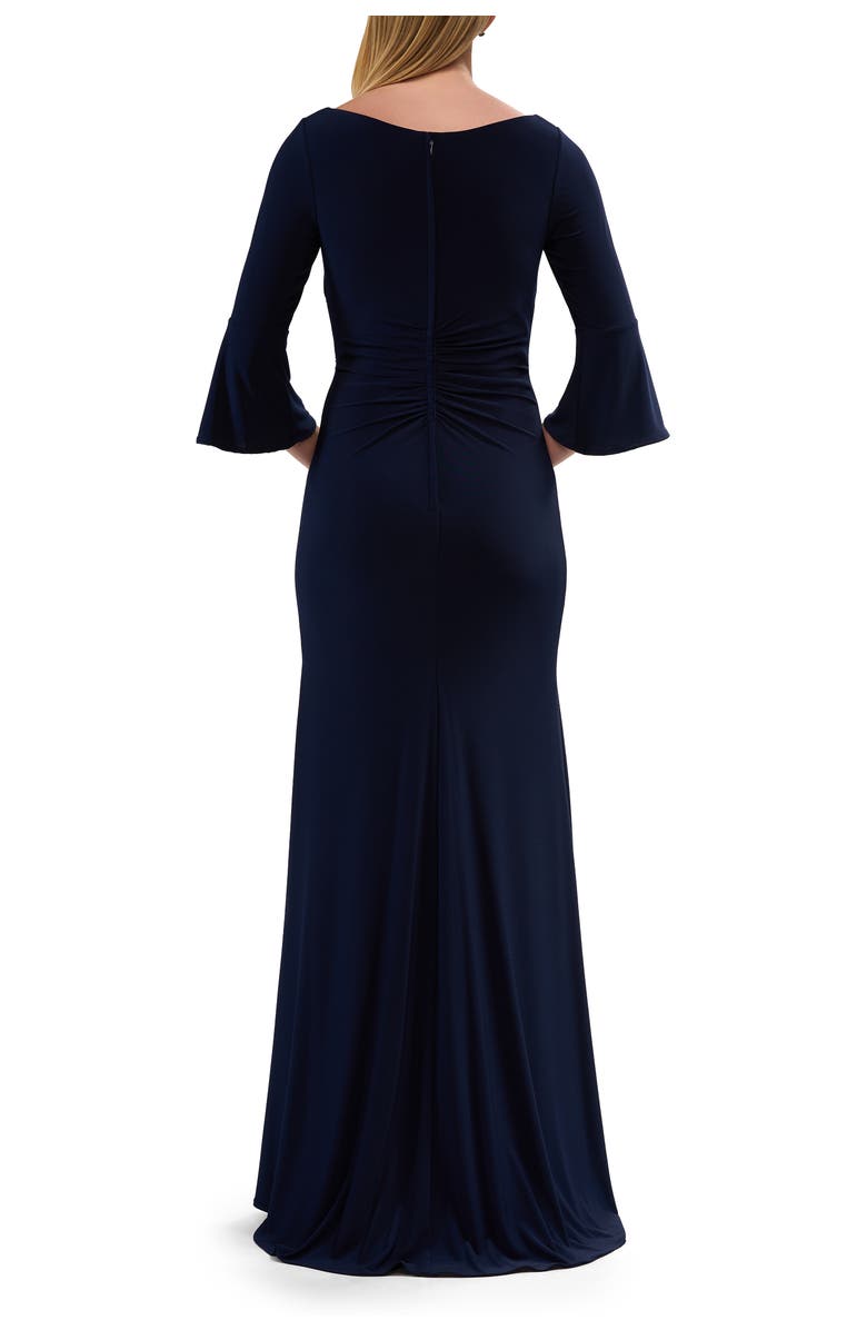 La Femme Simple Evening Dress with Three Quarter Bell Sleeve and High Neckline, Alternate, color, Navy