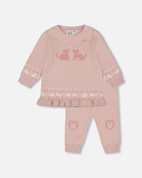 Deux Par Deux Girl Knitted Top And Pant Set In Pink