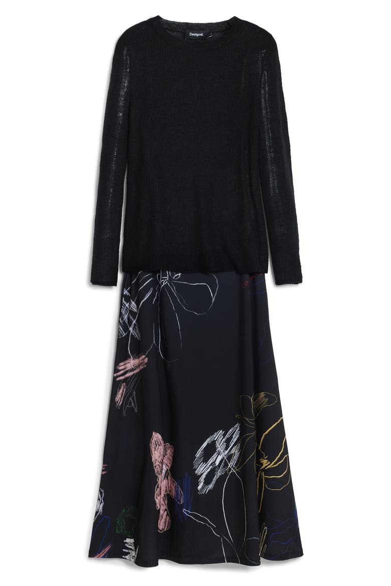 Mixed Media Long Sleeve Midi Dress, Alternate, color, BLACK