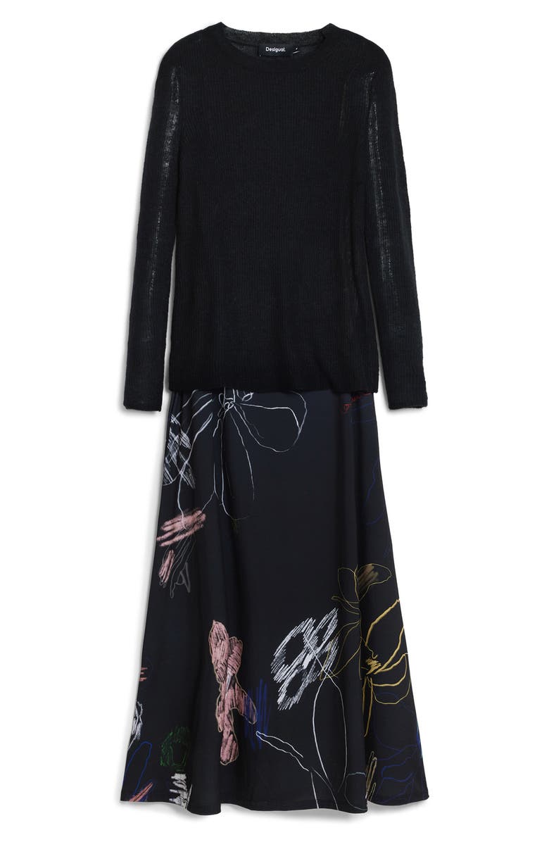 Desigual Mixed Media Long Sleeve Midi Dress, Alternate, color, Black