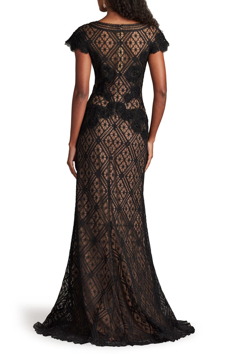 Tadashi Shoji Embellished Flutter Sleeve Lace Mermaid Gown, Alternate, color, Black/ Nude