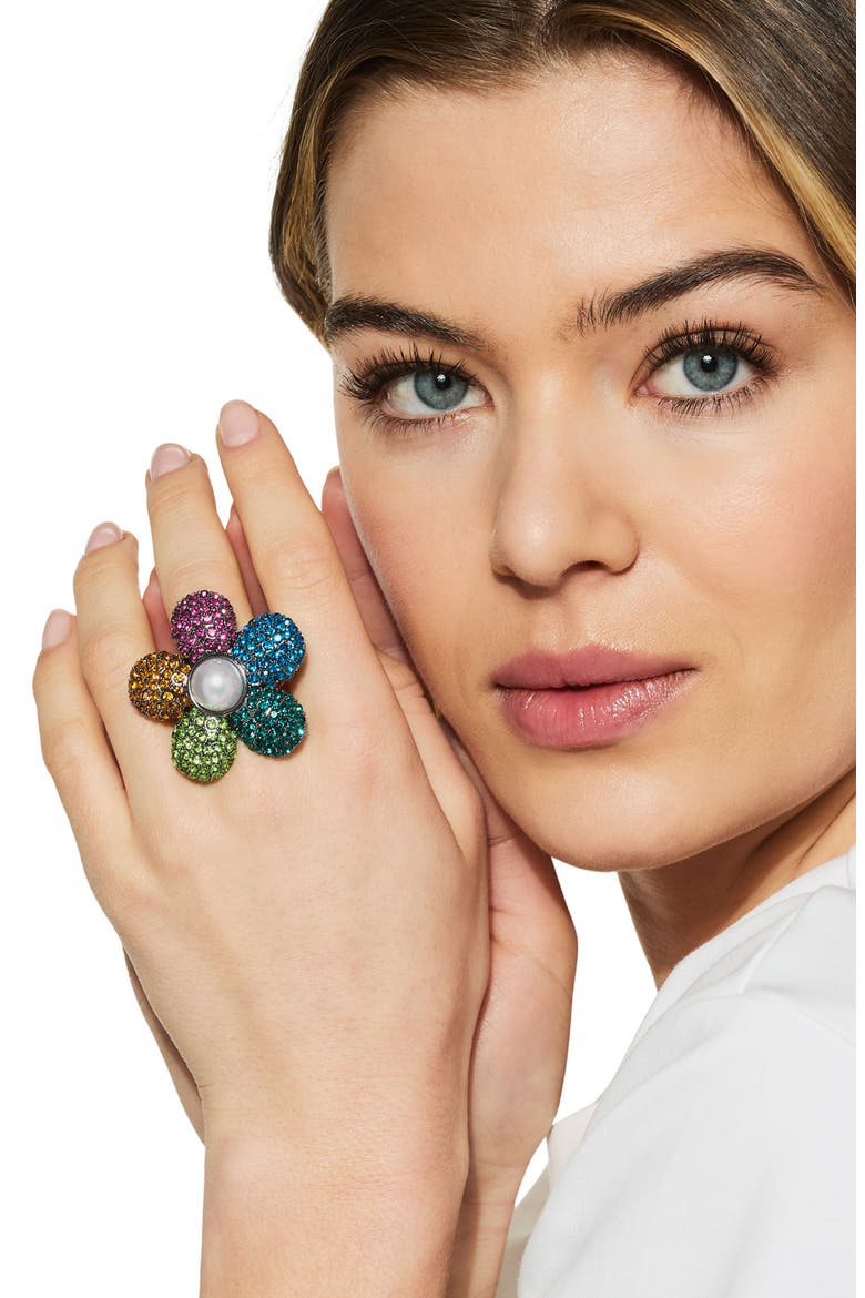 Pavé Crystal & Faux Pearl Flower Cocktail Ring, Alternate, color, RAINBOW MULTI