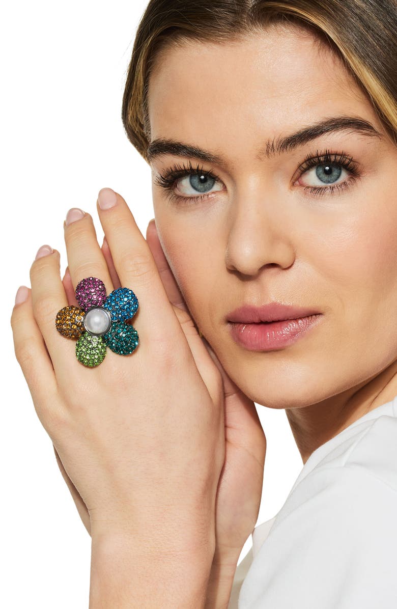 Kurt Geiger London Pavé Crystal & Faux Pearl Flower Cocktail Ring, Alternate, color, Rainbow Multi