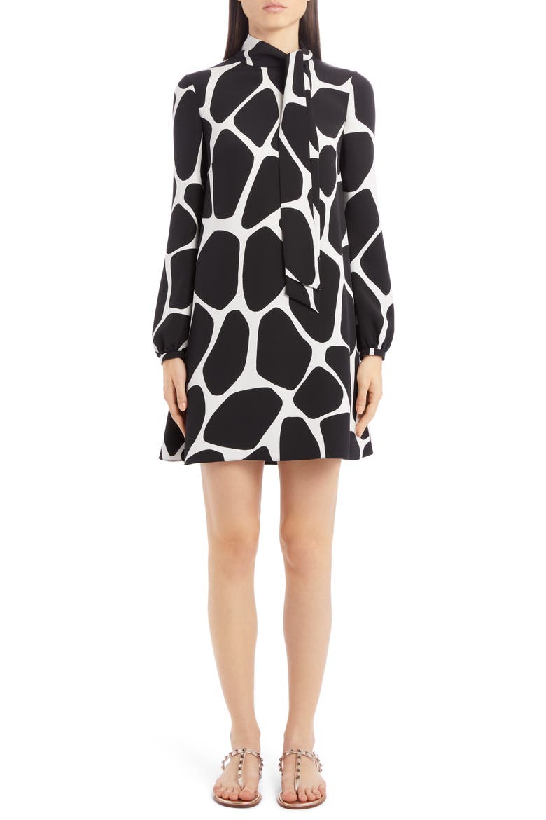 Giraffe Print Long Sleeve Silk Minidress, Main, color, AVORIO/ NERO
