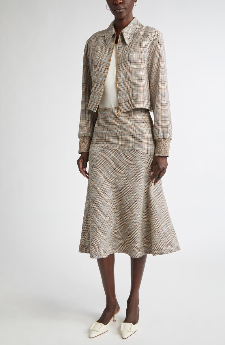ST. JOHN Prince of Wales Plaid Midi Skirt, Alternate, color, Camel/ Ecru/ Mouline