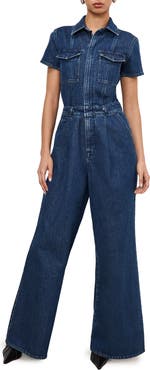 Good American Fit for Success Pleated Wide Leg Denim Jumpsuit