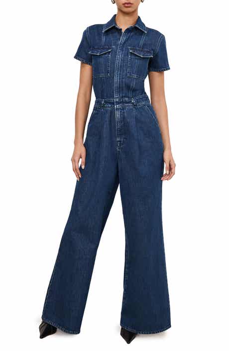 Good American Fit for Success Pleated Wide Leg Denim Jumpsuit