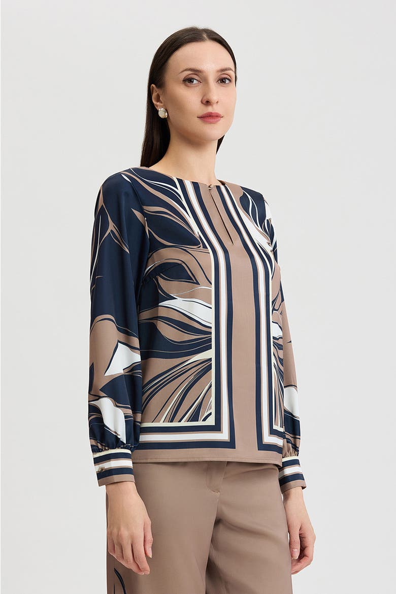 Floral Abstract Crepe de Chine Blouse, Alternate, color, Warm Taupe/Indigo/Ivory