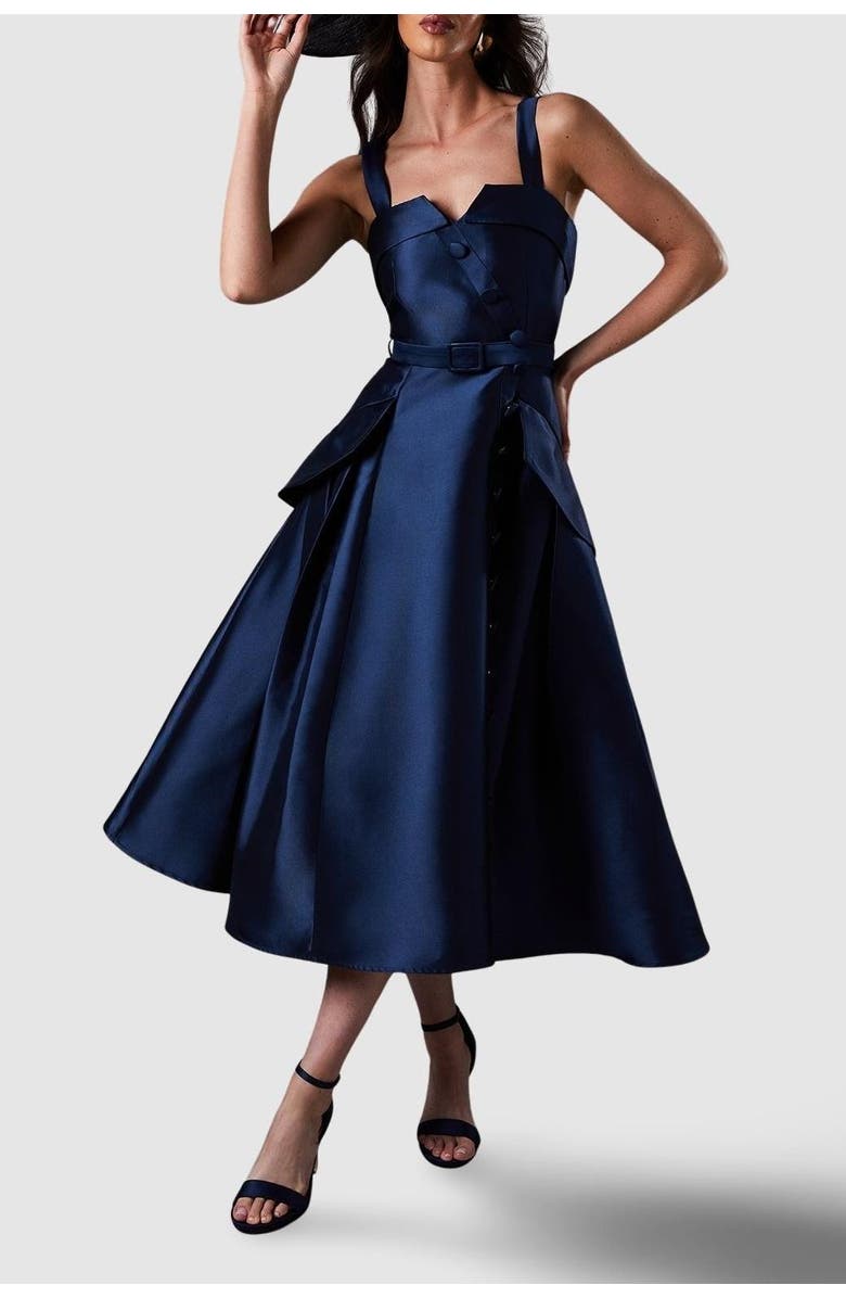 Coast Lisa Tan Twill Volume Belted Midi Dress, Alternate, color, Navy