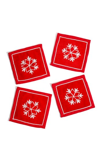 Tiramisu Embroidered Snowflake Set Of 4 Linen Cocktail Napkins