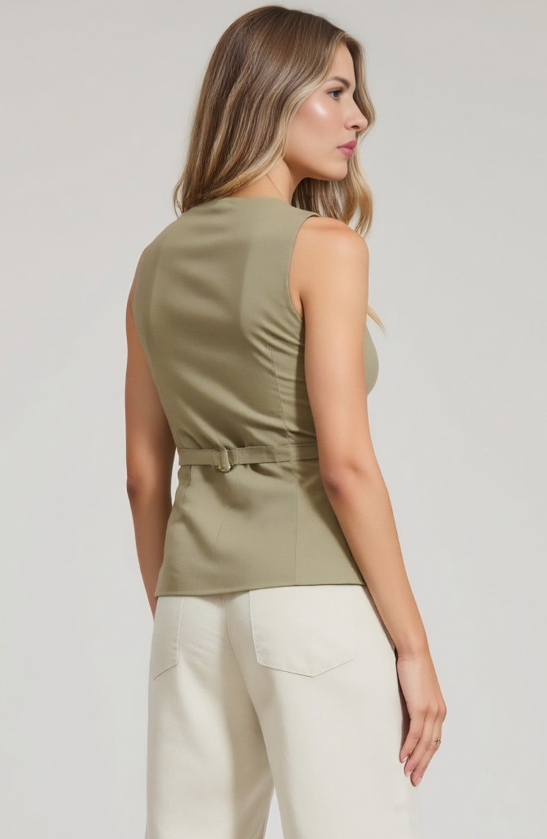 Modenaire Tailored Button Front Flap Pocket Notched Hem Vest, Alternate, color, Olive Green