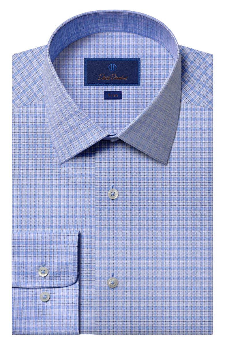 David Donahue Trim Fit Grid Check Cotton Dress Shirt, Main, color, Blue
