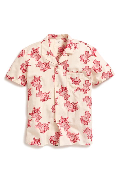 Floral Jacquard Cotton Blend Madras Camp Shirt
