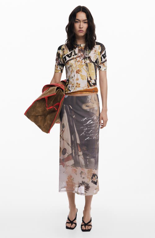 Desigual Print Midi Skirt In Gray