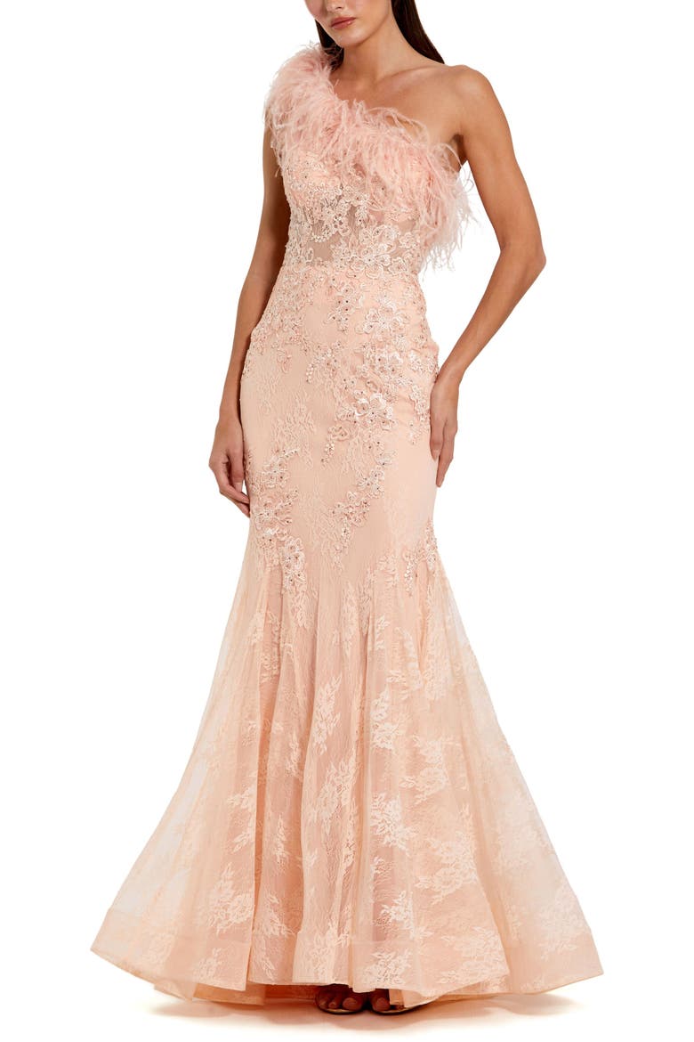 One Shoulder Feather Embellished Mermaid Gown, Main, color, Peach