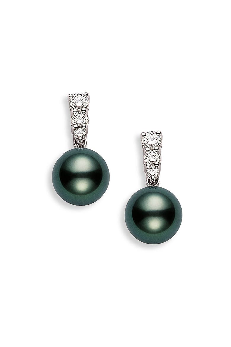 'Morning Dew' Black South Sea Cultured Pearl & Diamond Earrings, Main, color, WHITE GOLD