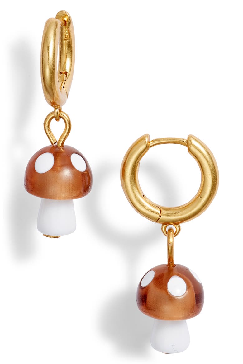 Mushroom Charm Huggie Hoop Earrings, Main, color, VINTAGE GOLD