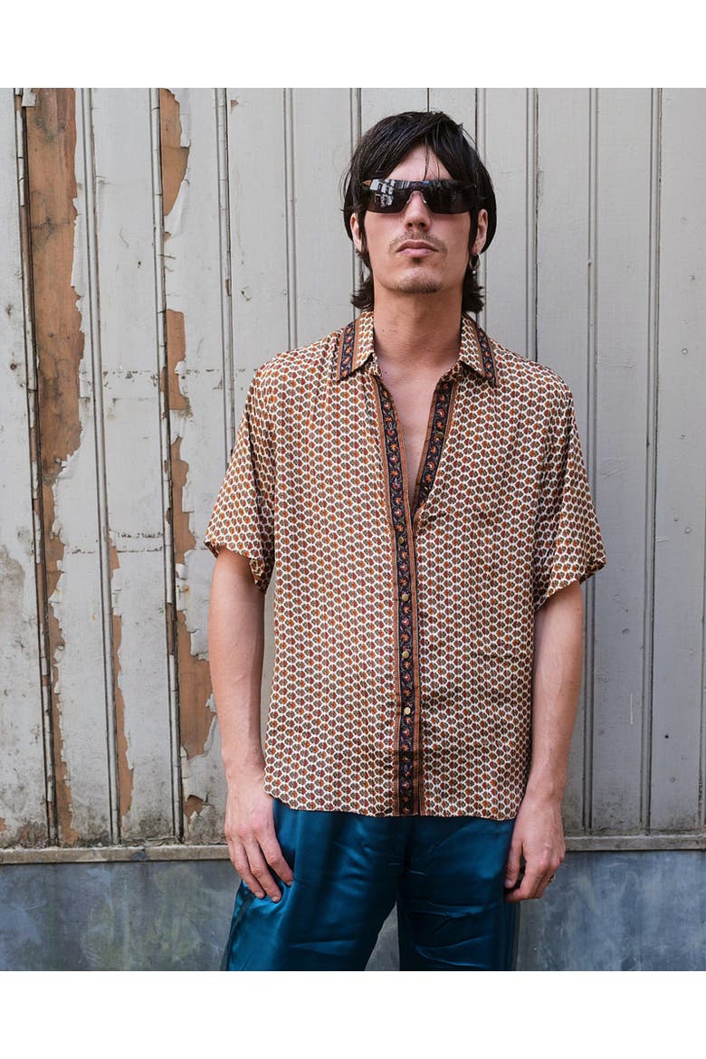 Embossed Botanical Short Sleeve Crepe Shirt, Alternate, color, Copper