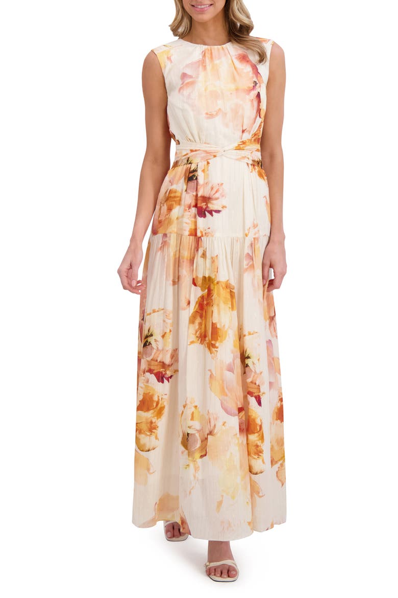 Metallic Floral Wrap Waist Cotton Blend Maxi Dress, Main, color, SPICY ORANGE