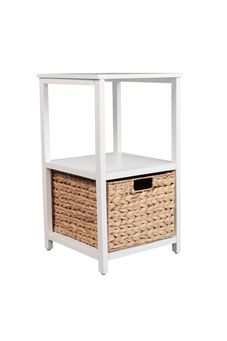 Cohen Coastal Bohemian Handcrafted Acacia Wood 2-Tier Storage Cabinet with 1 Water Hyacinth Woven Basket, Main, color, White