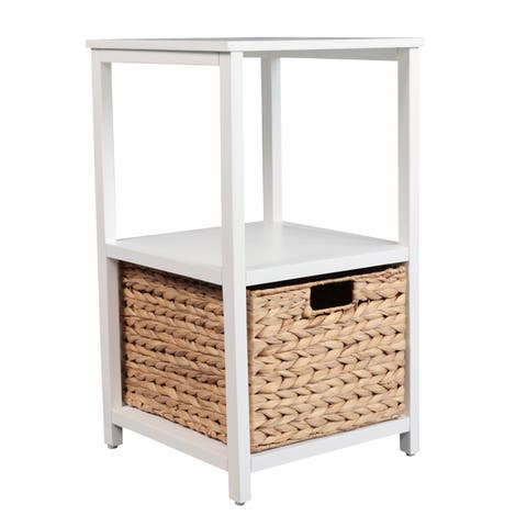 Cohen Coastal Bohemian Handcrafted Acacia Wood 2-Tier Storage Cabinet with 1 Water Hyacinth Woven Basket