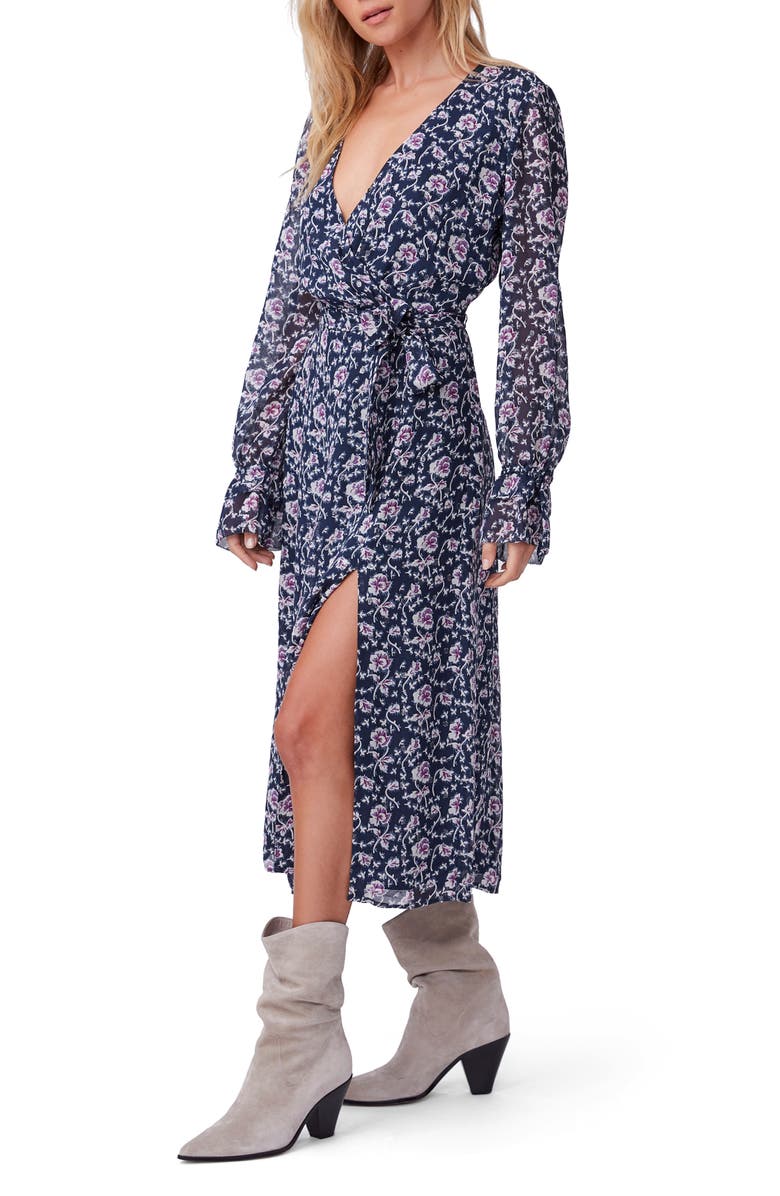 PAIGE Chamomile Long Sleeve Metallic Silk Georgette Midi Wrap Dress, Alternate, color, 