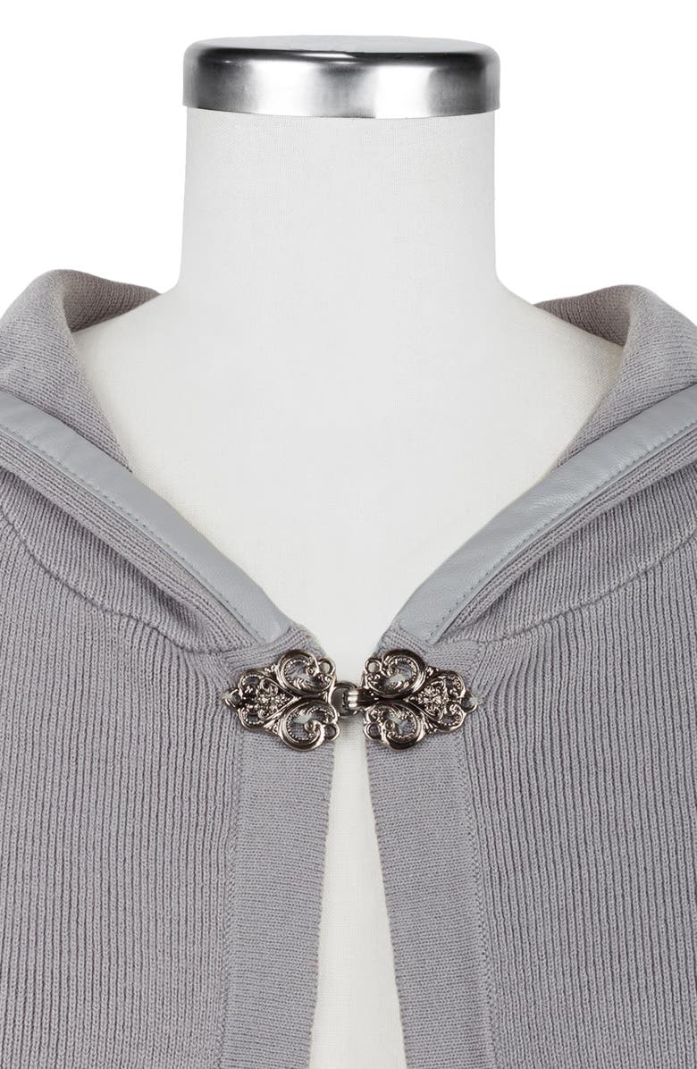 Patricia Nash Hooded Faux Leather Trim Cable Knit Cape, Alternate, color, Grey