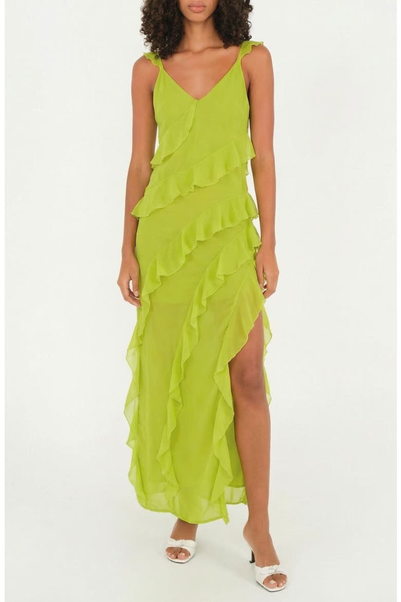 Cascade Ruffle Chiffon Maxi Dress, Main, color, LIME