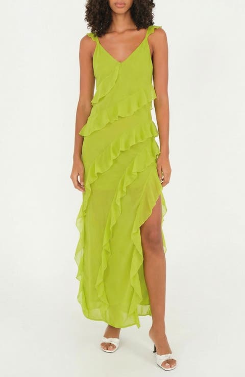 Cascade Ruffle Chiffon Maxi Dress