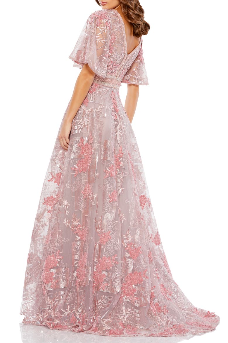 Embroidered Flounce Sleeve A-Line Gown, Alternate, color, PINK