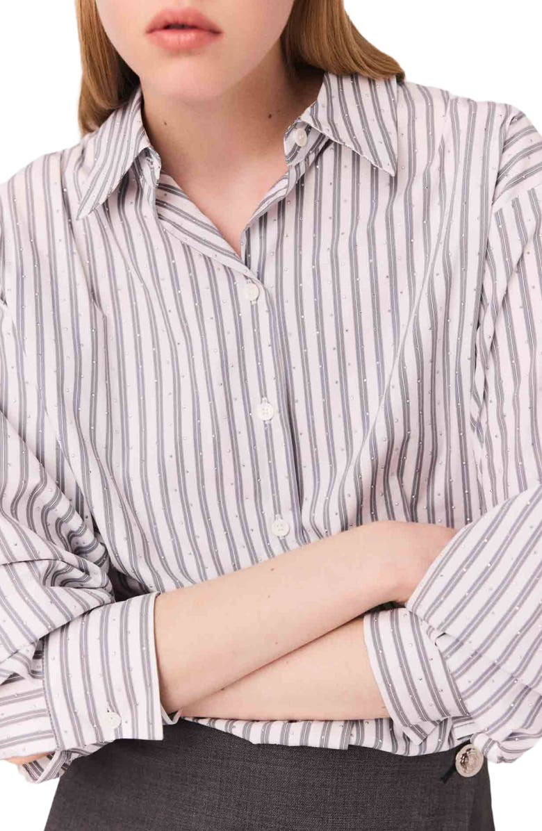 maje Rhinestone 2-in-1 cotton dress, Alternate, color, Ecru Stripes