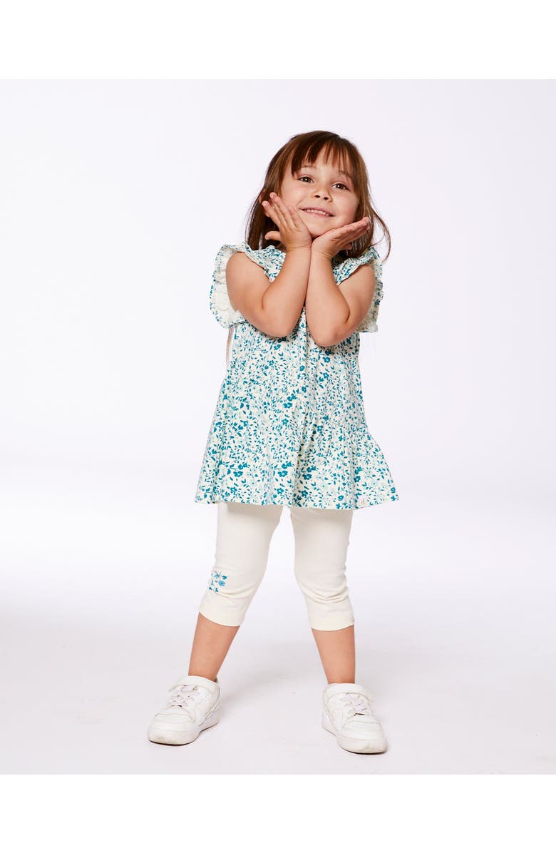 Deux par Deux Little Girl's Organic Cotton Legging Cream With Blue Flowers, Alternate, color, 