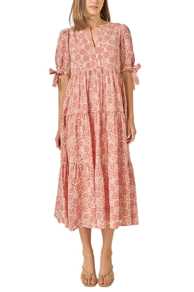 Embroidered Midi Dress, Alternate, color, RED/ CREAM