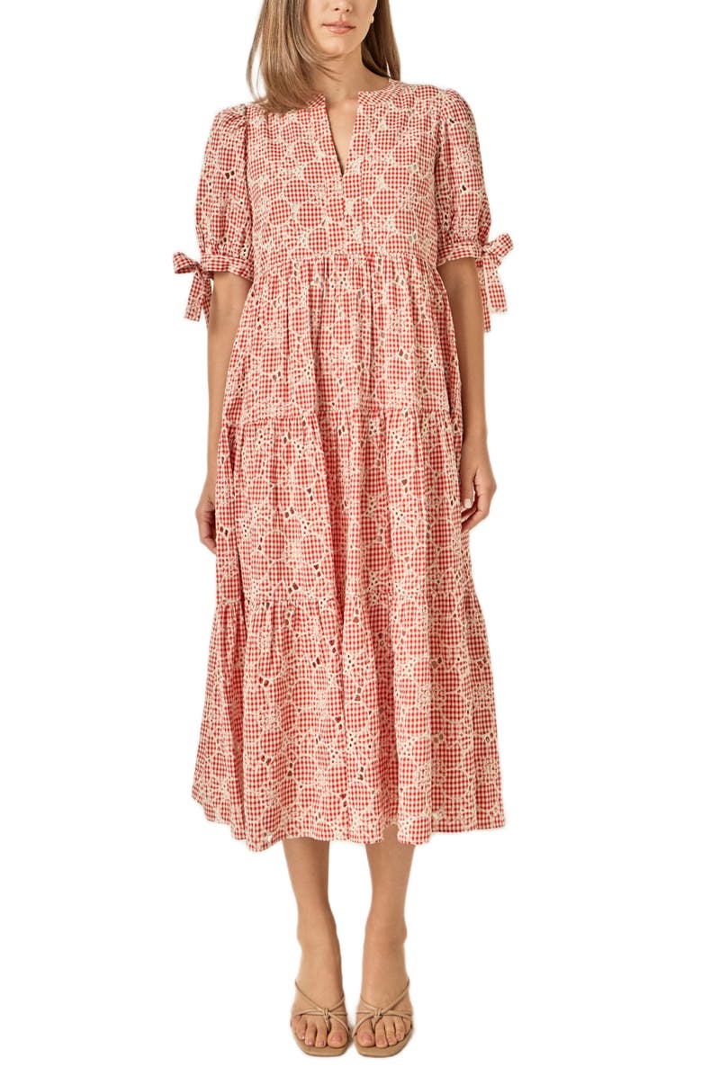 English Factory Embroidered Midi Dress, Alternate, color, Red/ Cream