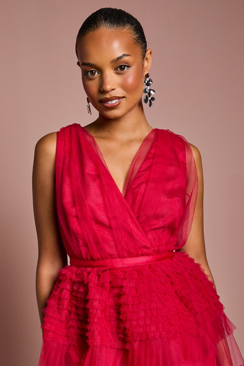 Petite Sleeveless Mesh Tiered Maxi Dress, Alternate, color, Raspberry