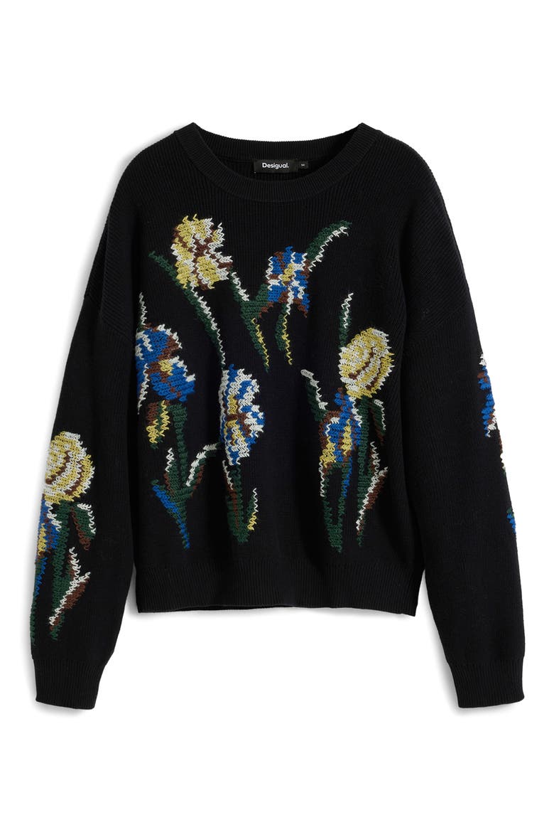 Floral Embroidered Sweater, Alternate, color, BLACK