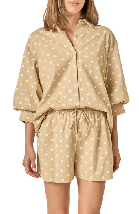 Heart Embroidered Corduroy Button Up Shirt