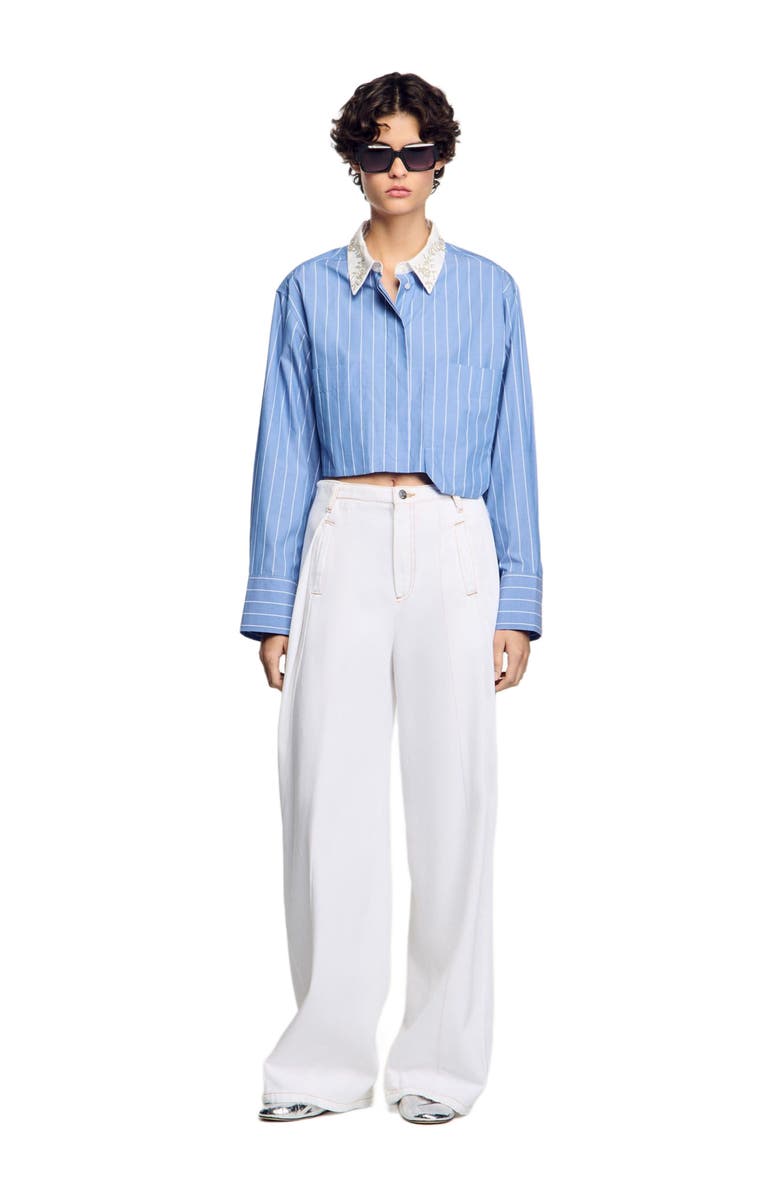SANDRO Striped cropped shirt with rhinestone, Alternate, color, 