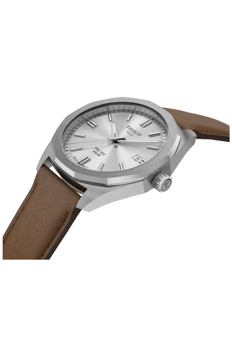 PRC 100 Solar Quartz Leather Strap Watch, 39mm, Alternate, color, SILVER