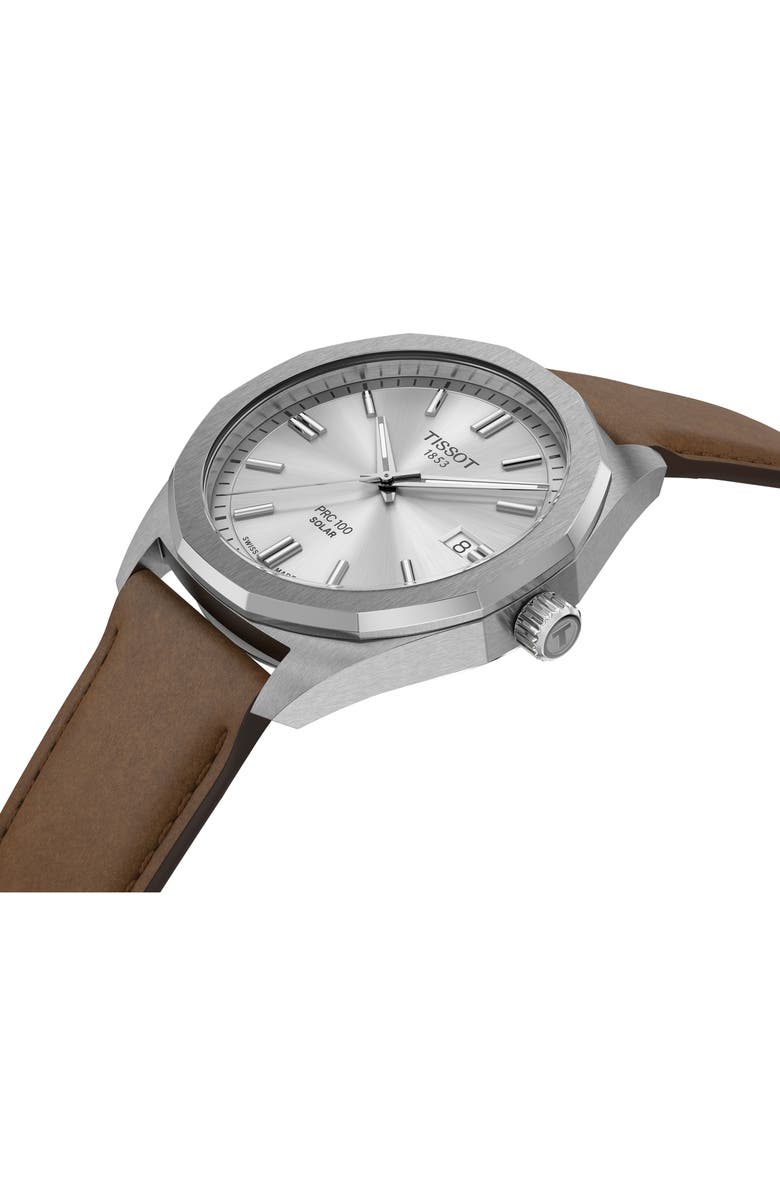 Tissot PRC 100 Solar Quartz Leather Strap Watch, 39mm, Alternate, color, Silver