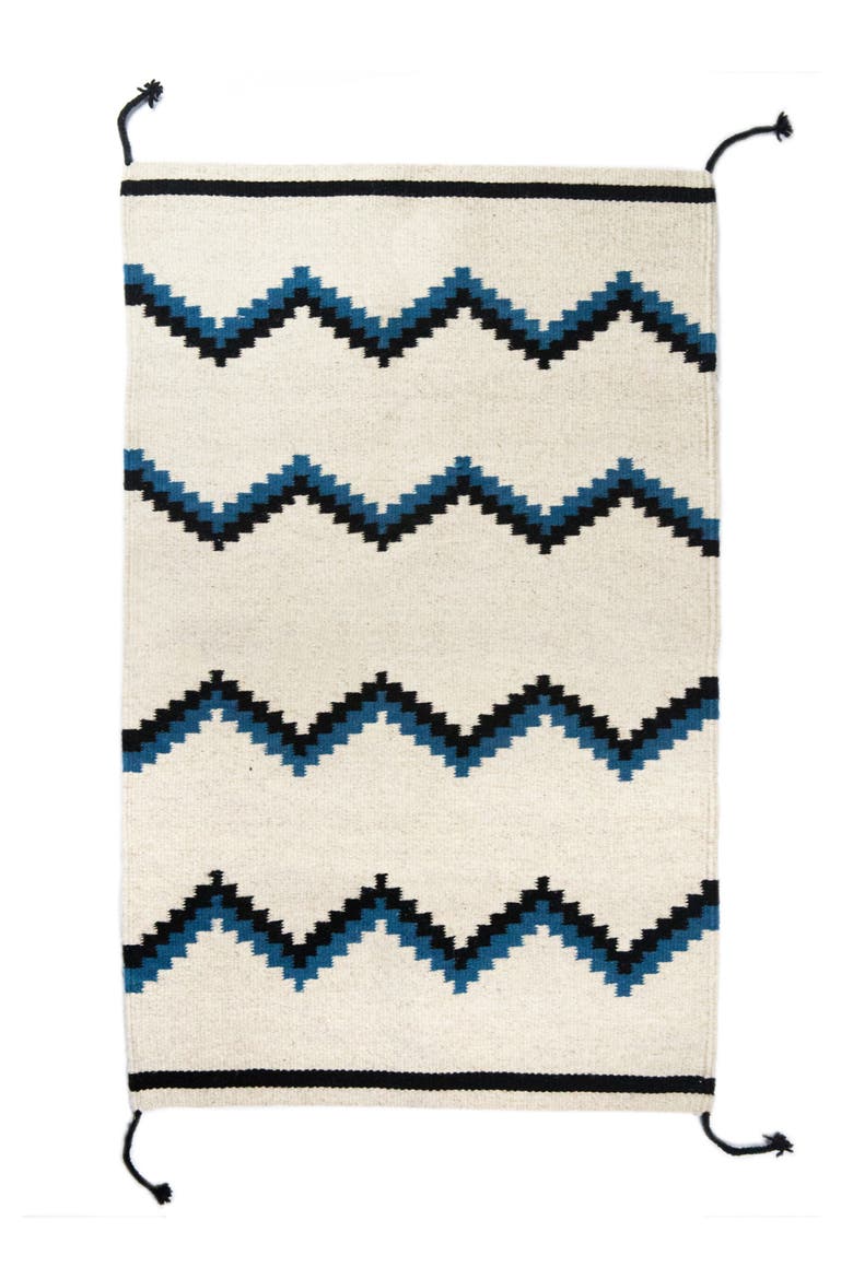 Zapotec Blue and Black Zig Zag Handwoven Flatweave Wool Rug, Main, color, Blue